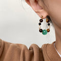 Vintage Tiger Eye Cat Eye Stone Pearl Beaded Geometric Round Drop Earrings With Silver Posts view 4