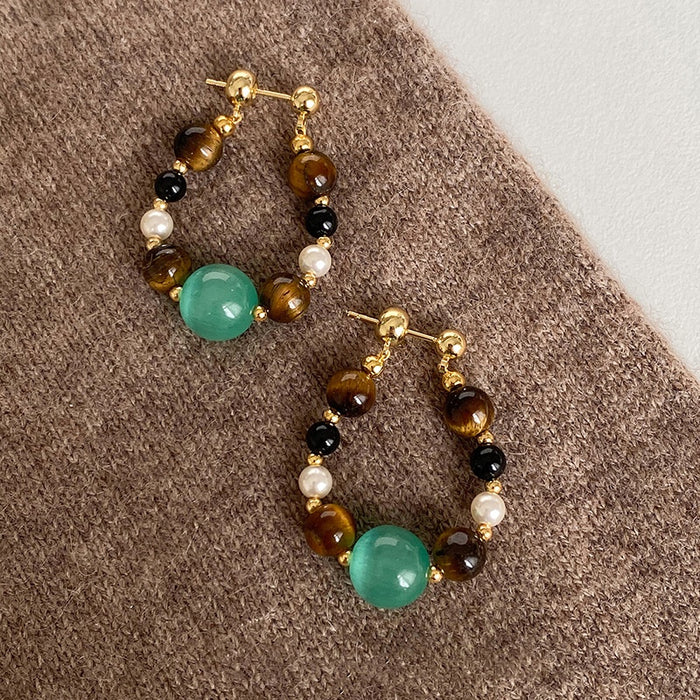 Vintage Tiger Eye Cat Eye Stone Pearl Beaded Geometric Round Drop Earrings With Silver Posts
