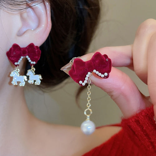 Light Luxury Rhinestone Flocked Bow Pony Stud Earrings With Silver Needle For Women