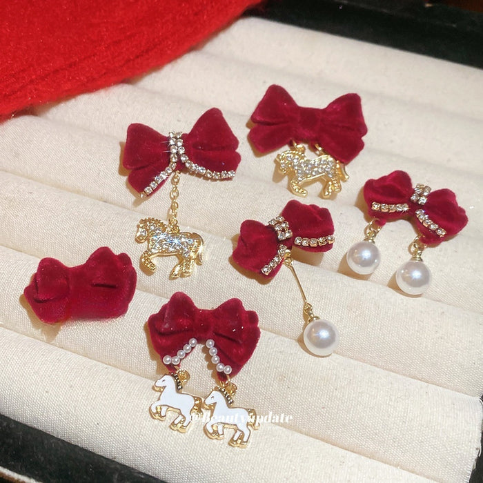 Light Luxury Rhinestone Flocked Bow Pony Stud Earrings With Silver Needle For Women