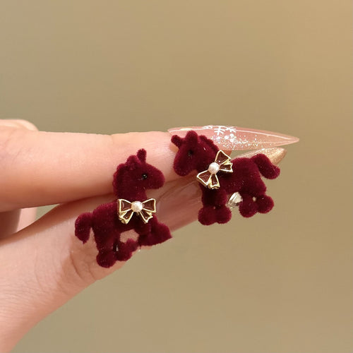Alloy Silver Needle Horse Bow Enamel Stud Earrings Vintage Light Luxury Zodiac Jewelry for Women