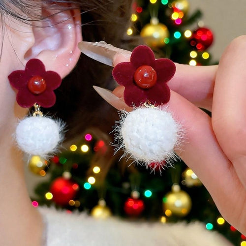 Faux Pearl Flocked Flower Pom Pom Stud Earrings, Light Luxury Vintage Winter Style