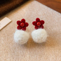 Faux Pearl Flocked Flower Pom Pom Stud Earrings, Light Luxury Vintage Winter Style view 2