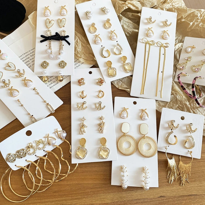Light Luxury Alloy Geometric Pearl Stud Earrings Jewelry Set With Rhinestone Accents