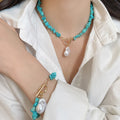Ethnic Bohemian Faux Pearl Turquoise Beaded Necklace Bracelet Jewelry Set view 1
