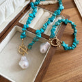 Ethnic Bohemian Faux Pearl Turquoise Beaded Necklace Bracelet Jewelry Set view 4