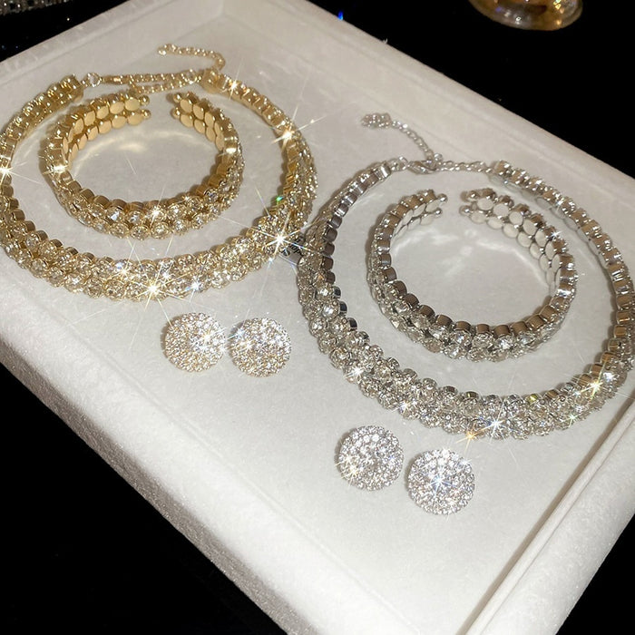Light Luxury Court Style Iron Rhinestone Round Double Layer Necklace Bracelet Stud Earrings Jewelry Set