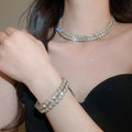 Light Luxury Court Style Iron Rhinestone Round Double Layer Necklace Bracelet Stud Earrings Jewelry Set view 4