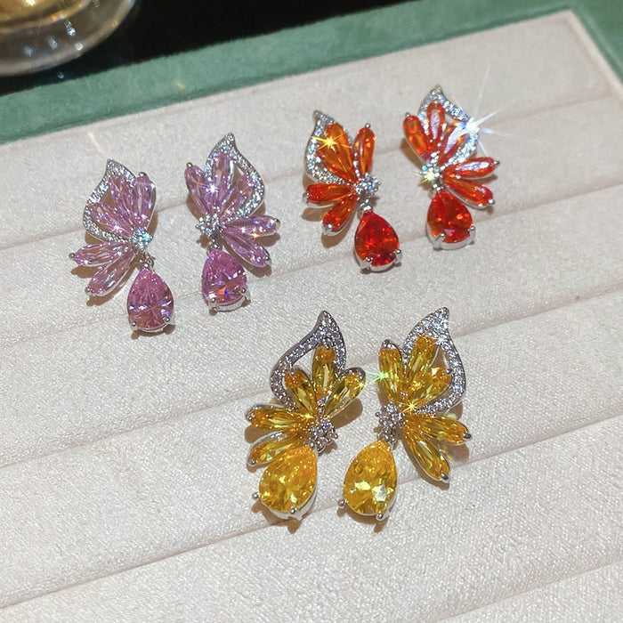 Light Luxury Copper Zircon Butterfly Wing Stud Earrings For Women Elegant Insect Jewelry