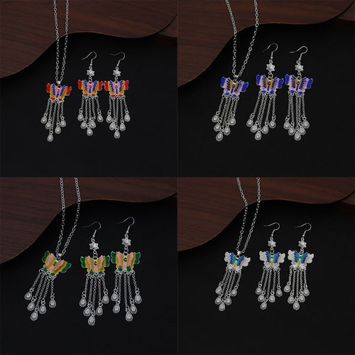 Bohemian Long Tassel Teardrop Drop Earrings Vintage Ethnic Style With Colorful Butterfly Necklace