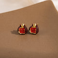 Elegant Chinese Style Red Pomegranate Rhinestone Micro Pave Alloy Silver Needle Stud Earrings view 4