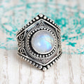 Vintage Faux Moonstone Ring, Classic Textured Metal Antique Style Jewelry For Women view 1