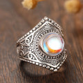 Vintage Faux Moonstone Ring, Classic Textured Metal Antique Style Jewelry For Women view 5