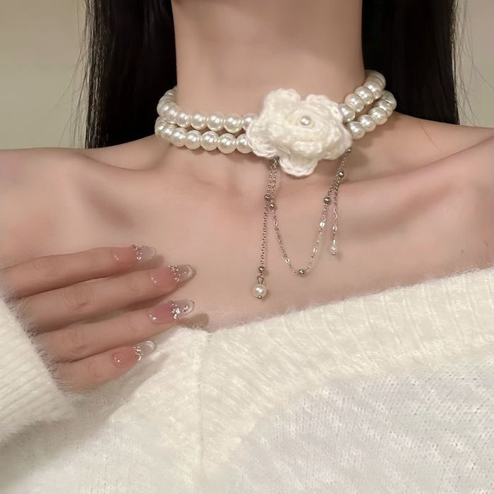 Vintage Pastoral Knitted Flower Double Layer Faux Pearl Collarbone Necklace
