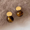 18K Gold Plated Tiger Eye Stone Stud Earrings With Silver Posts Vintage Geometric Round Jewelry view 1