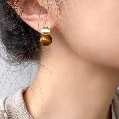 18K Gold Plated Tiger Eye Stone Stud Earrings With Silver Posts Vintage Geometric Round Jewelry