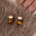 18K Gold Plated Tiger Eye Stone Stud Earrings With Silver Posts Vintage Geometric Round Jewelry view 3