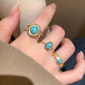 18K Gold Plated Turquoise Open Ring Vintage Ethnic Geometric Round Luxury Finger Jewelry view 4