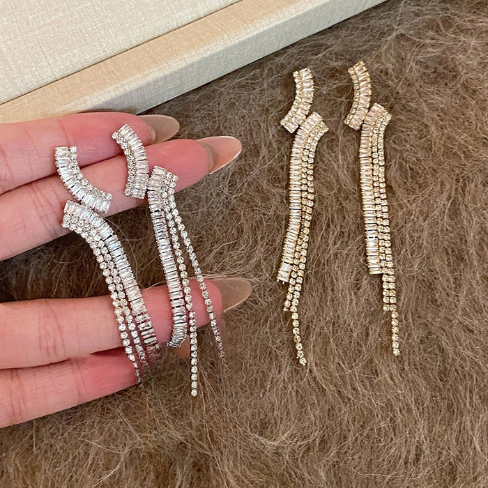 Copper Zircon Geometric Tassel Drop Earrings With Silver Pins Retro Elegant Style