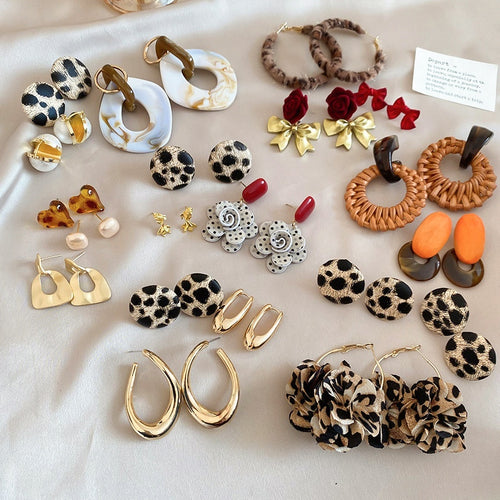 Minimalist Wool Yarn Leopard Geometric Rhinestone Stud Earrings Jewelry Set For Women