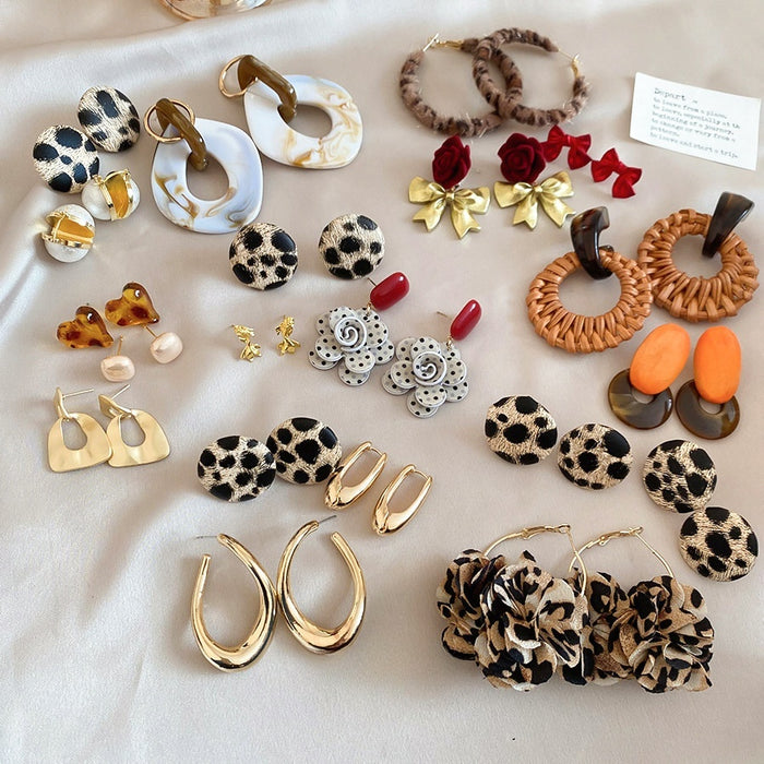 Minimalist Wool Yarn Leopard Geometric Rhinestone Stud Earrings Jewelry Set For Women