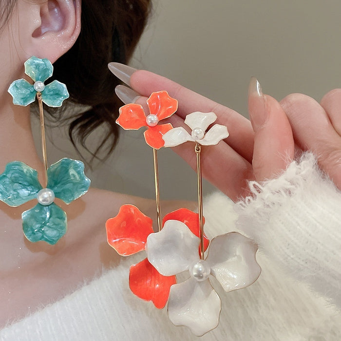 Enamel Flower Pearl Iron Stud Earrings Korean Sweet Light Luxury Floral Earrings For Women