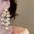 Faux Pearl Flower Tassel Drop Earrings Vintage Palace Style Silver Needle Elegant Floral Jewelry view 4