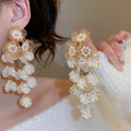 Faux Pearl Flower Tassel Drop Earrings Vintage Palace Style Silver Needle Elegant Floral Jewelry view 2