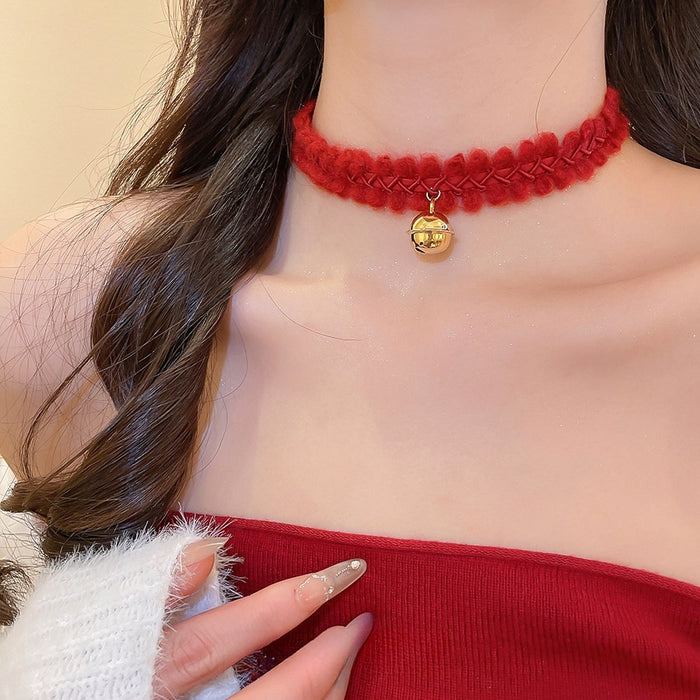 Light Luxury Knit Cord Bell Pendant Collarbone Necklace Round Geometric Elegant Choker