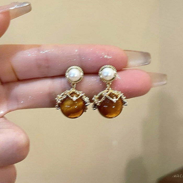 18K Gold Plated Copper U Shape Zircon Pearl Stud Earrings Light Luxury Vintage Geometric Style