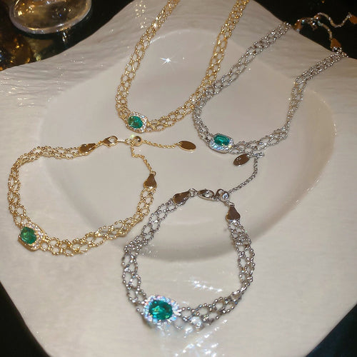 French Vintage Copper Square Zircon Pendant Necklace Bracelet Jewelry Set For Women