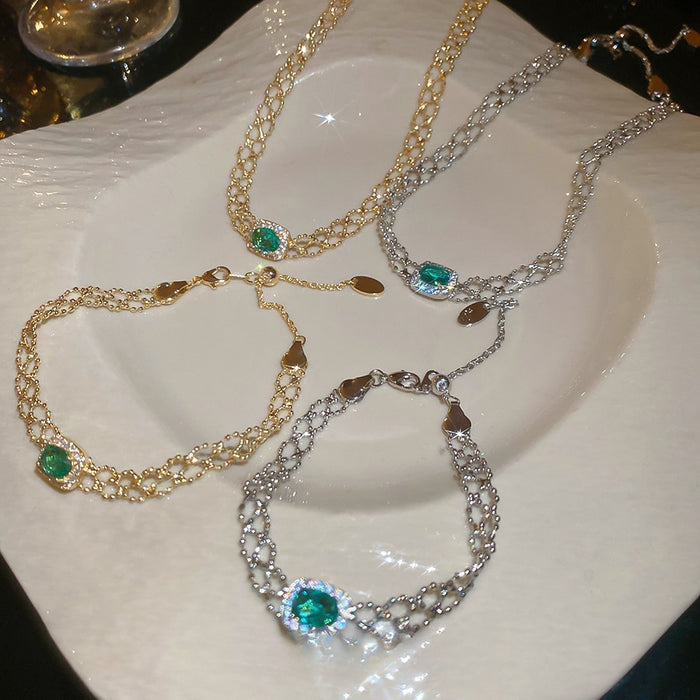 French Vintage Copper Square Zircon Pendant Necklace Bracelet Jewelry Set For Women