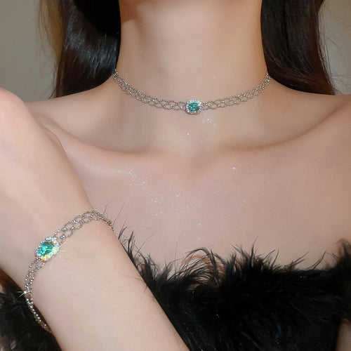 French Vintage Copper Square Zircon Pendant Necklace Bracelet Jewelry Set For Women