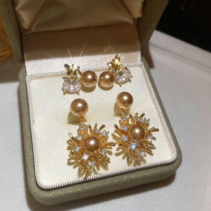 18K Gold Plated Silver Needle Zircon Flower Faux Pearl Stud Earrings For Women Light Luxury
