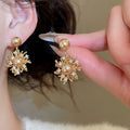18K Gold Plated Silver Needle Zircon Flower Faux Pearl Stud Earrings For Women Light Luxury view 4