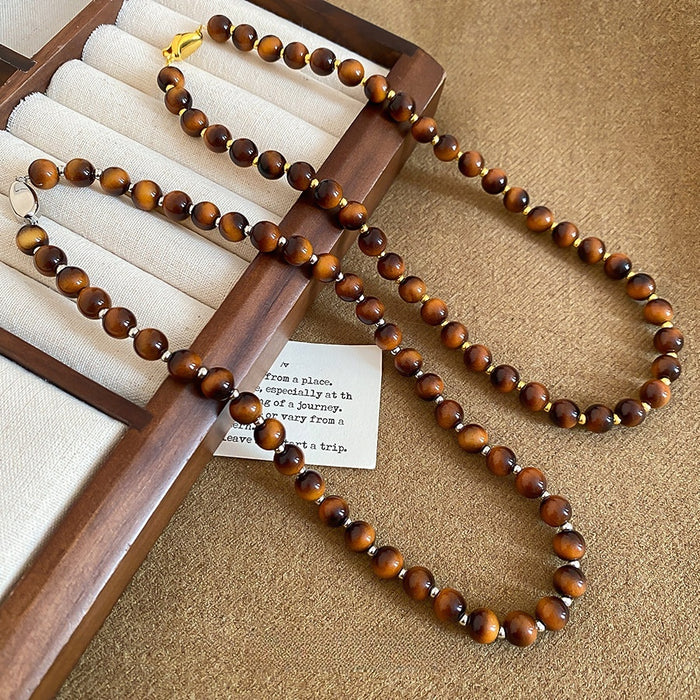 Tiger Eye Look Resin Beaded Round Pendant Maillard Style Sweater Necklace