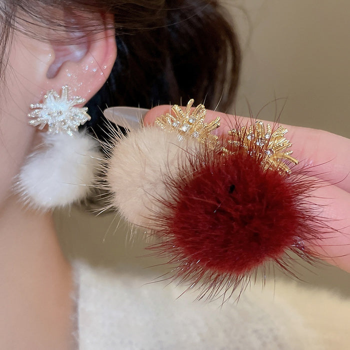 Plush Ball Zircon Firework Drop Earrings With Silver Needle Posts, Geometric OL Style