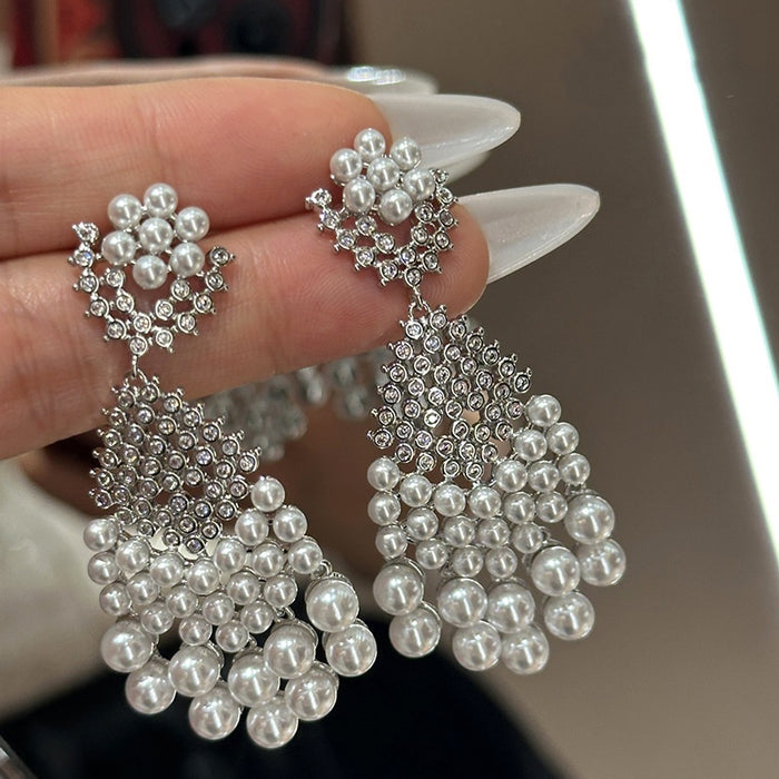Faux Pearl Teardrop Rhinestone Tassel Drop Earrings Vintage Palace Light Luxury Style