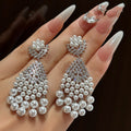 Faux Pearl Teardrop Rhinestone Tassel Drop Earrings Vintage Palace Light Luxury Style view 3