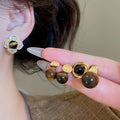 18K Gold Plated Tiger Eye Stone Round Geometric Drop Earrings With Silver Posts view 2