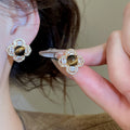 18K Gold Plated Tiger Eye Stone Round Geometric Drop Earrings With Silver Posts view 4