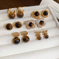 18K Gold Plated Tiger Eye Stone Round Geometric Drop Earrings With Silver Posts view 1