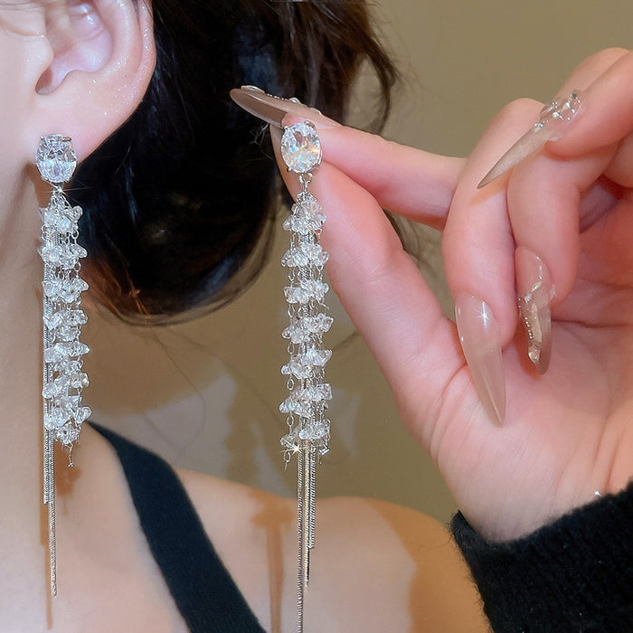Silver Needle Zircon Crystal Beaded Chain Tassel Drop Earrings For Women Light Luxury Style