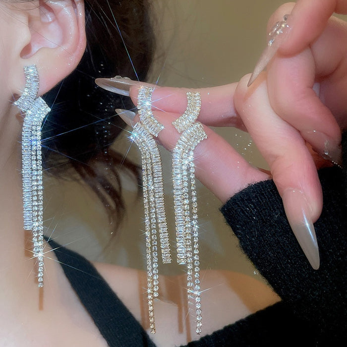 Copper Zircon Geometric Tassel Drop Earrings With Silver Needle Vintage Court Style Ear Jewelry