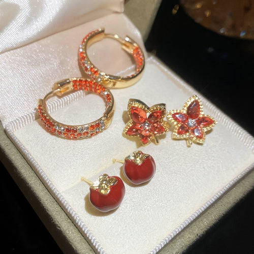 Light Luxury Copper Zircon Apple Maple Leaf Stud Earrings With Enamel Drip Geometric Design