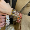 Alloy Square Hollow Heart Print Elastic Bangle, Retro European Style Geometric Bracelet view 4