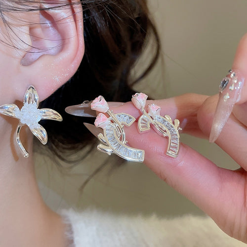 Light Luxury Copper Flower Cross Stud Earrings With Silver Pins For Daily Commute Style