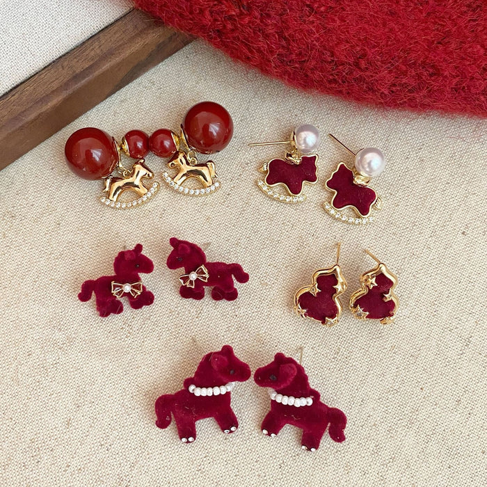 Silver Needle Faux Pearl Zircon Flocked Horse Stud Earrings Light Luxury Chinese Retro Style