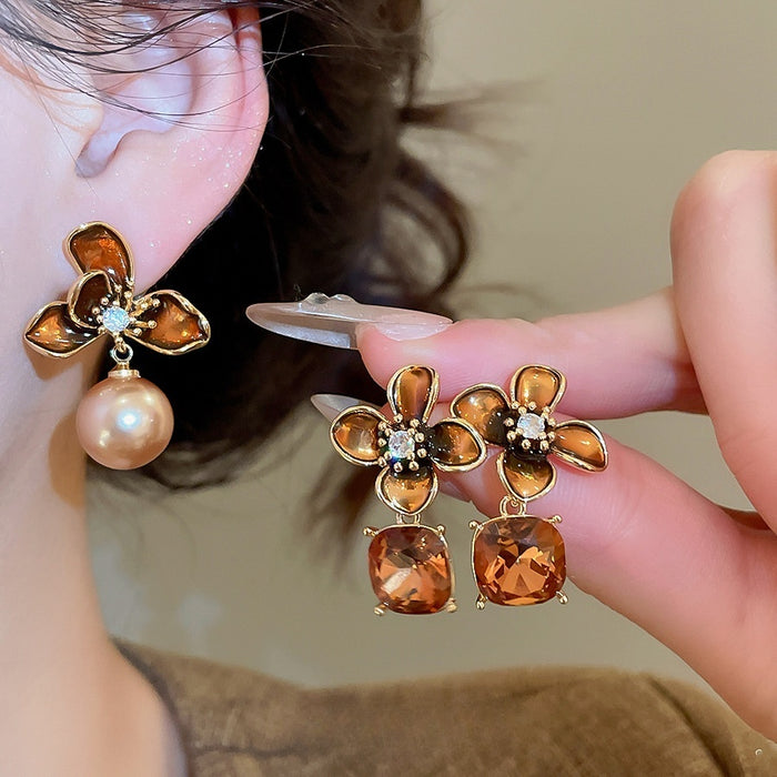 18K Gold Plated Zircon Flower Round Drop Earrings With Silver Posts, Maillard Retro Style