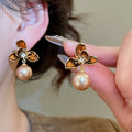 18K Gold Plated Zircon Flower Round Drop Earrings With Silver Posts, Maillard Retro Style view 3